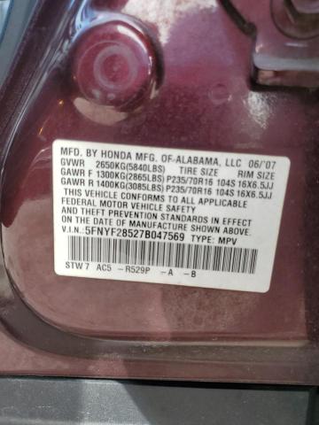 5FNYF28527B047569 - 2007 HONDA PILOT EXL BURGUNDY photo 13