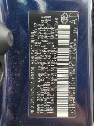 2T1BU4EEXCC867506 - 2012 TOYOTA COROLLA BASE 蓝色 照片 12