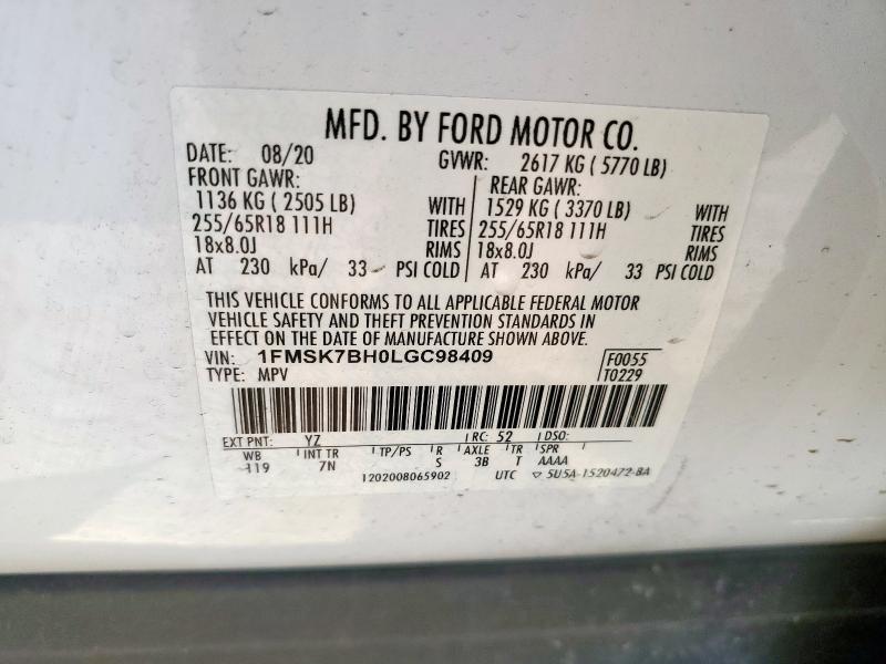 1FMSK7BH0LGC98409 - 2020 FORD EXPLORER WHITE photo 13