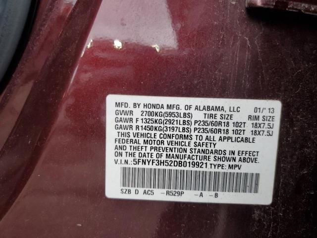 5FNYF3H52DB019921 - 2013 HONDA PILOT EXL MAROON photo 12