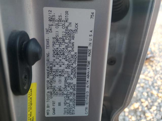 5TFJU4GN2CX019646 - 2012 TOYOTA TACOMA DOUBLE CAB PRERUNNER SILVER photo 12