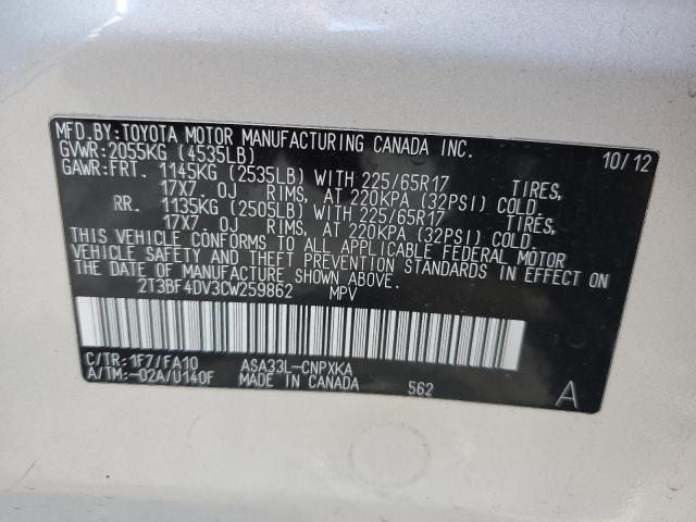 2T3BF4DV3CW259862 - 2012 TOYOTA RAV4 Argent photo 12