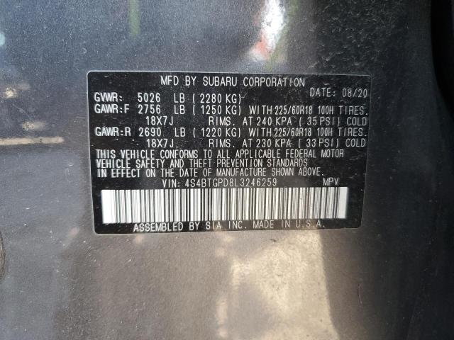 4S4BTGPD8L3246259 - 2020 SUBARU OUTBACK TOURING LDL Gris foto 12