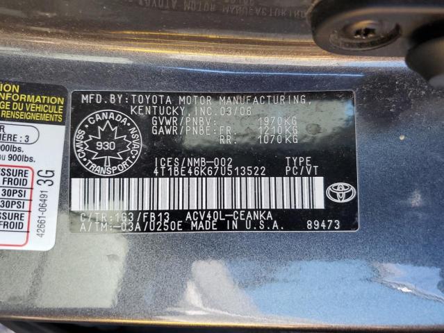 4T1BE46K67U513522 - 2007 TOYOTA CAMRY CE 灰色 照片 13