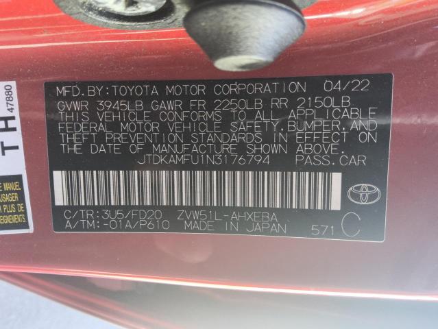 JTDKAMFU1N3176794 - 2022 TOYOTA PRIUS NIGHT SHADE Червоний фото 12