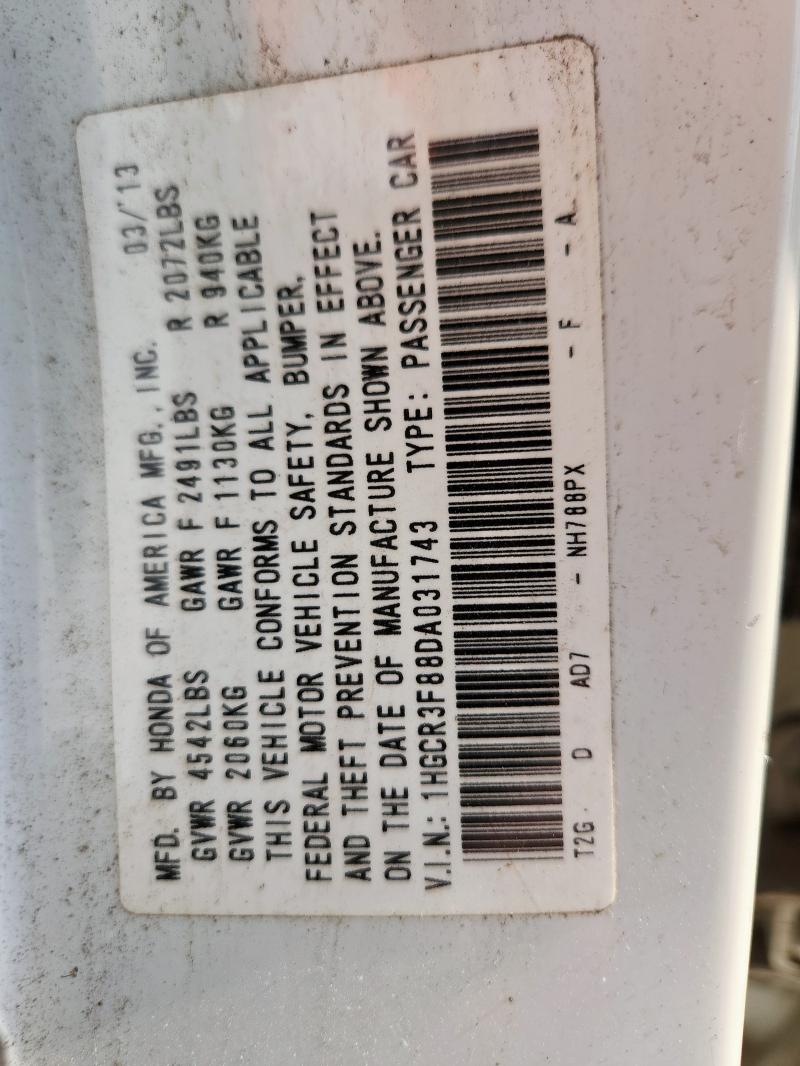 1HGCR3F88DA031743 - 2013 HONDA ACCORD EXL 白色 照片 12