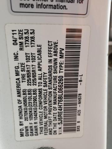 5J6RE4H76BL066260 - 2011 HONDA CR-V EXL WHITE photo 13