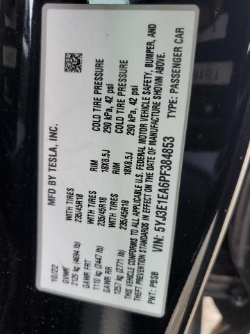 5YJ3E1EA6PF384853 - 2023 TESLA MODEL 3 黑色 照片 12