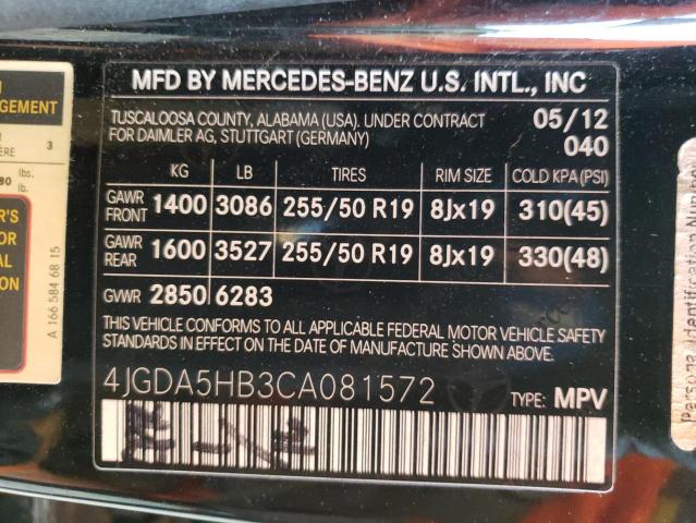 4JGDA5HB3CA081572 - 2012 MERCEDES-BENZ ML 350 4MATIC BLACK photo 13