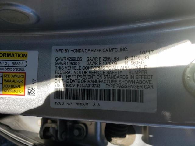 1HGCV1F51JA013733 - 2018 HONDA ACCORD EXL SILVER photo 13