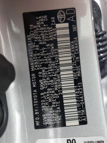 2T1BURHE1KC140813 - 2019 TOYOTA COROLLA L SILVER photo 12