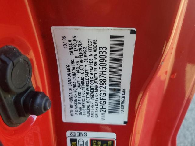 2HGFG12887H509033 - 2007 HONDA CIVIC EX RED photo 12