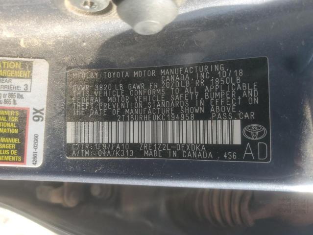 2T1BURHE0KC194958 - 2019 TOYOTA COROLLA L Көк фото 13