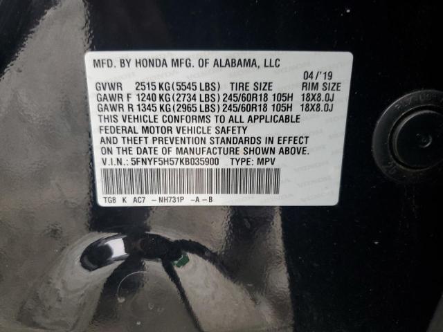 5FNYF5H57KB035900 - 2019 HONDA PILOT EXL Schwarz Foto 13