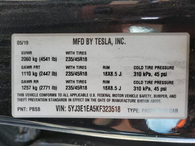5YJ3E1EA5KF323518 - 2019 TESLA MODEL 3 黑色 照片 12