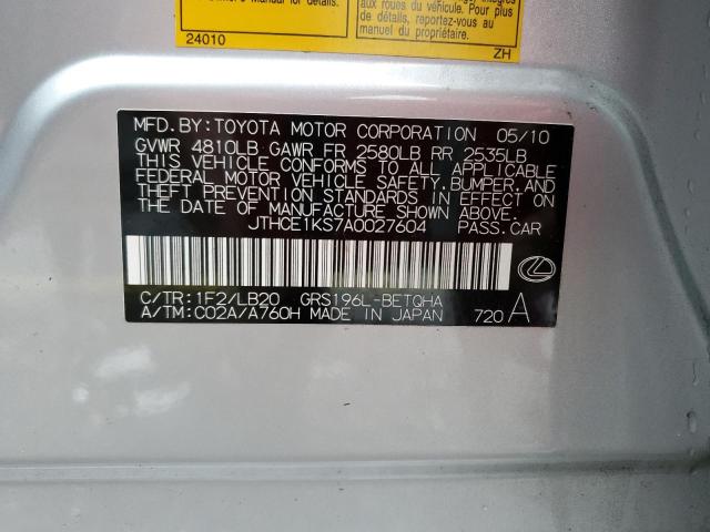 JTHCE1KS7A0027604 - 2010 LEXUS GS 350 SILVER photo 12