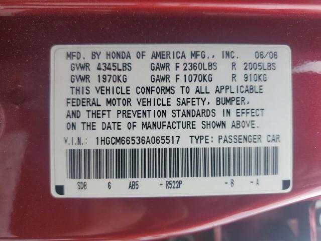 1HGCM66536A065517 - 2006 HONDA ACCORD EX RED photo 12