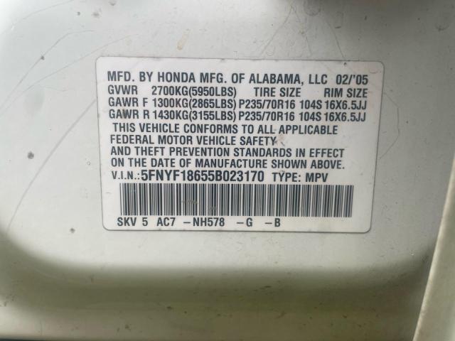 5FNYF18655B023170 - 2005 HONDA PILOT EXL WHITE photo 10
