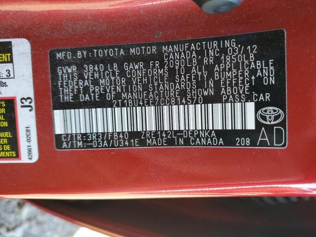 2T1BU4EE7CC814570 - 2012 TOYOTA COROLLA BASE RED photo 13