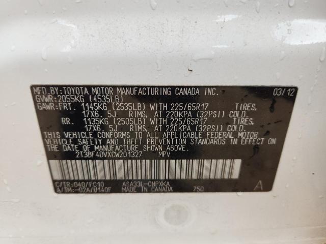 2T3BF4DVXCW201327 - 2012 TOYOTA RAV4 WHITE photo 14