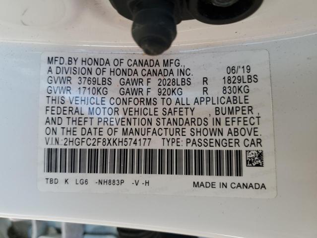 2HGFC2F8XKH574177 - 2019 HONDA CIVIC SPORT Beyaz fotoğraf 12