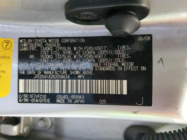 JTEDS41A282058634 - 2008 TOYOTA HIGHLANDER SILVER photo 13