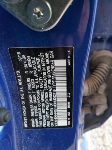 SHHFK7H43HU202718 - 2017 HONDA CIVIC SPORT BLUE photo 12