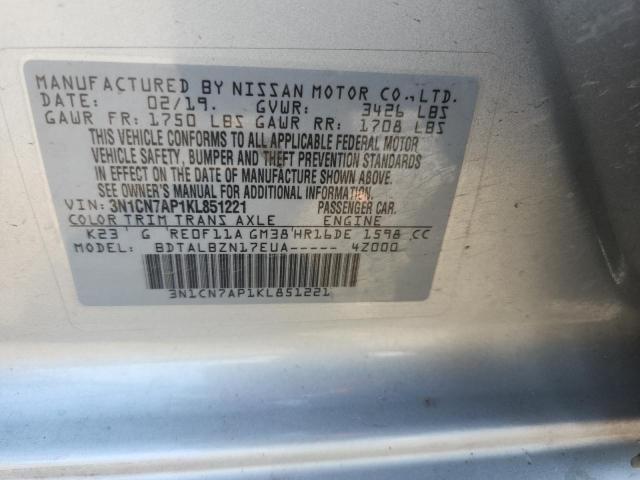 3N1CN7AP1KL851221 - 2019 NISSAN VERSA S Gümüş foto 12