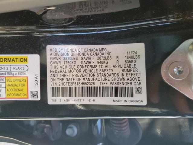 2HGFE2F51SH552326 - 2025 HONDA CIVIC SPORT BLACK photo 12