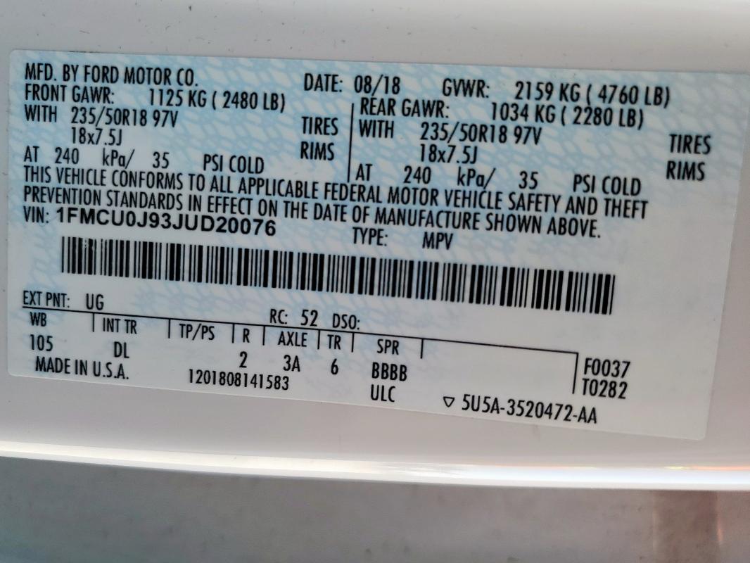 1FMCU0J93JUD20076 - 2018 FORD ESCAPE TITANIUM 白色 照片 13