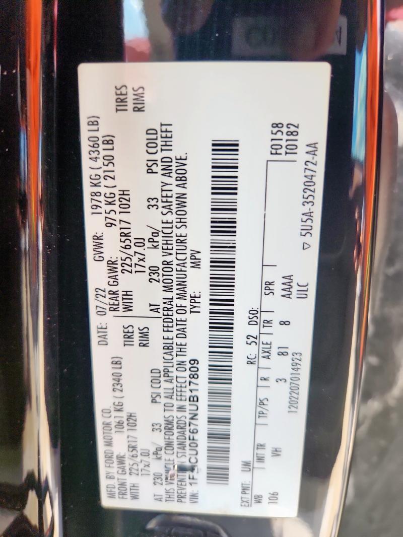 1FMCU0F67NUB17809 - 2022 FORD ESCAPE S BLACK photo 13