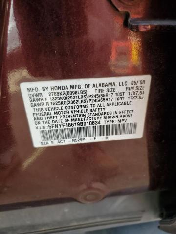 5FNYF48619B010634 - 2009 HONDA PILOT EXL Բորդո լուսանկար 13