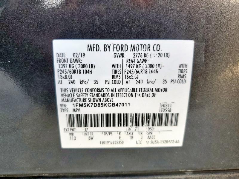 1FM5K7D85KGB47011 - 2019 FORD EXPLORER XLT GRAY photo 14