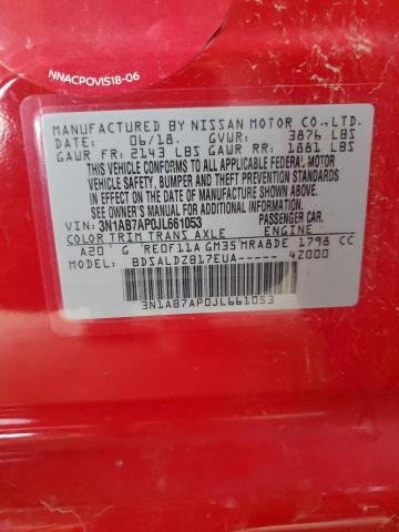 3N1AB7AP0JL661053 - 2018 NISSAN SENTRA S 红色 照片 12