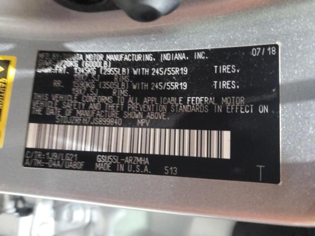 5TDJZRFH7JS899840 - 2018 TOYOTA HIGHLANDER SE ვერცხლისფერი ფოტო 13