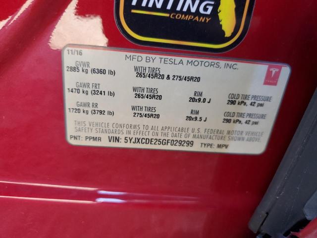 5YJXCDE25GF029299 - 2016 TESLA MODEL X RED photo 12