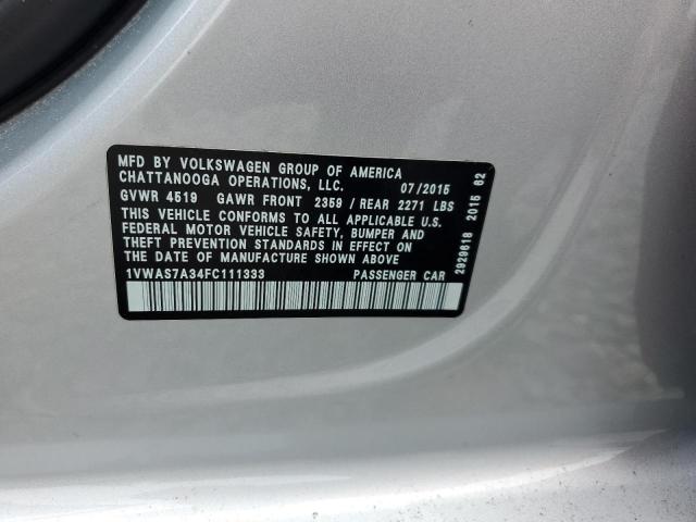 1VWAS7A34FC111333 - 2015 VOLKSWAGEN PASSAT S SILVER photo 12