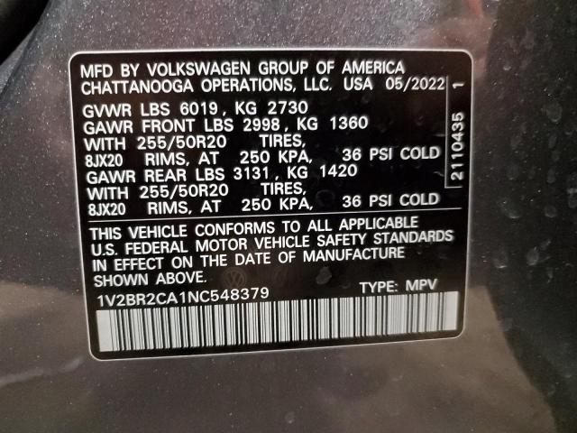 1V2BR2CA1NC548379 - 2022 VOLKSWAGEN ATLAS SEL GRAY photo 14