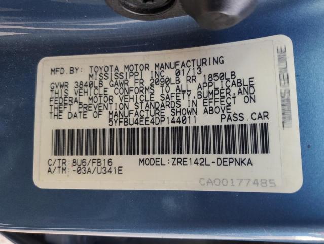 5YFBU4EE4DP144011 - 2013 TOYOTA COROLLA BASE ლურჯი ფოტო 12