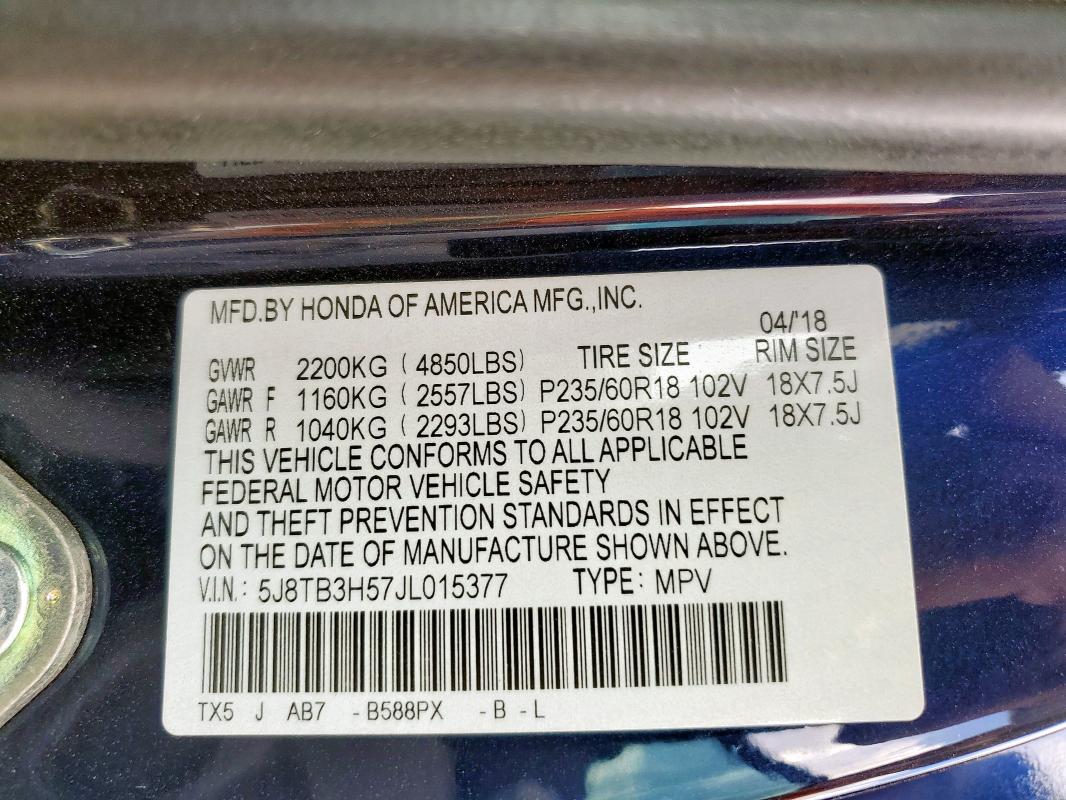 5J8TB3H57JL015377 - 2018 ACURA RDX TECHNOLOGY BLUE photo 13
