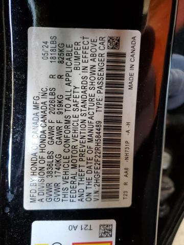 2HGFE2F22RH584489 - 2024 HONDA CIVIC LX შავი ფოტო 12