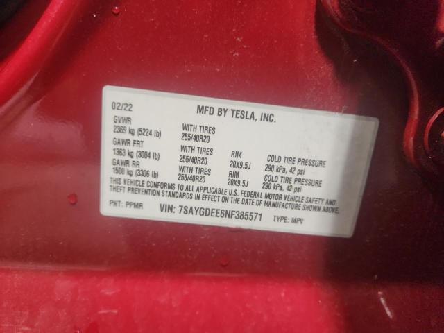 7SAYGDEE6NF385571 - 2022 TESLA MODEL Y Rot Foto 13