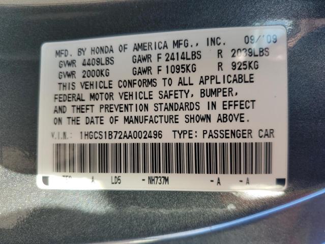 1HGCS1B72AA002496 - 2010 HONDA ACCORD EX Gris foto 13