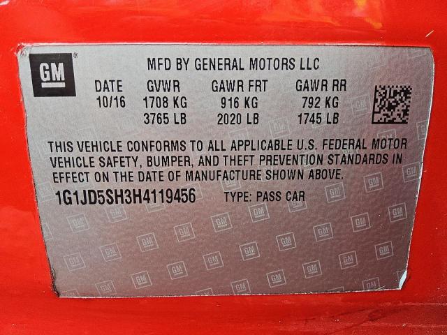 1G1JD5SH3H4119456 - 2017 CHEVROLET SONIC LT 红色 照片 12