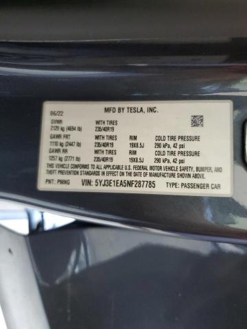 5YJ3E1EA5NF287785 - 2022 TESLA MODEL 3 GRAY photo 12