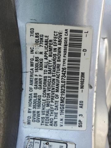1HGEM21923L073426 - 2003 HONDA CIVIC EX SILVER photo 12