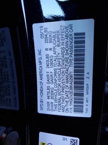 1HGCV2E38KA025871 - 2019 HONDA ACCORD SPORT შავი ფოტო 12