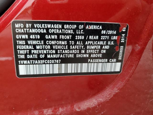1VWAT7A32FC020767 - 2015 VOLKSWAGEN PASSAT S წითელი ფოტო 12