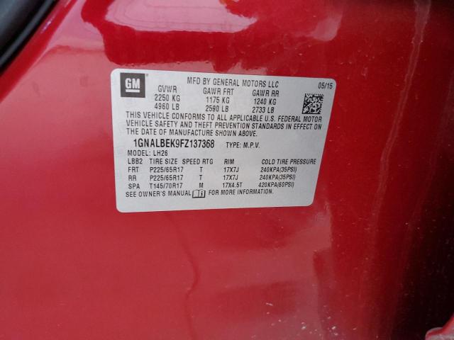 1GNALBEK9FZ137368 - 2015 CHEVROLET EQUINOX LT 红色 照片 13