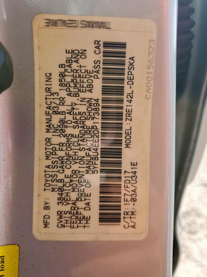 5YFBU4EE2DP173894 - 2013 TOYOTA COROLLA BASE Серебристый фото 13